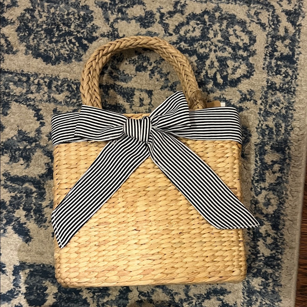 Striped Bow Woven Tote Bag